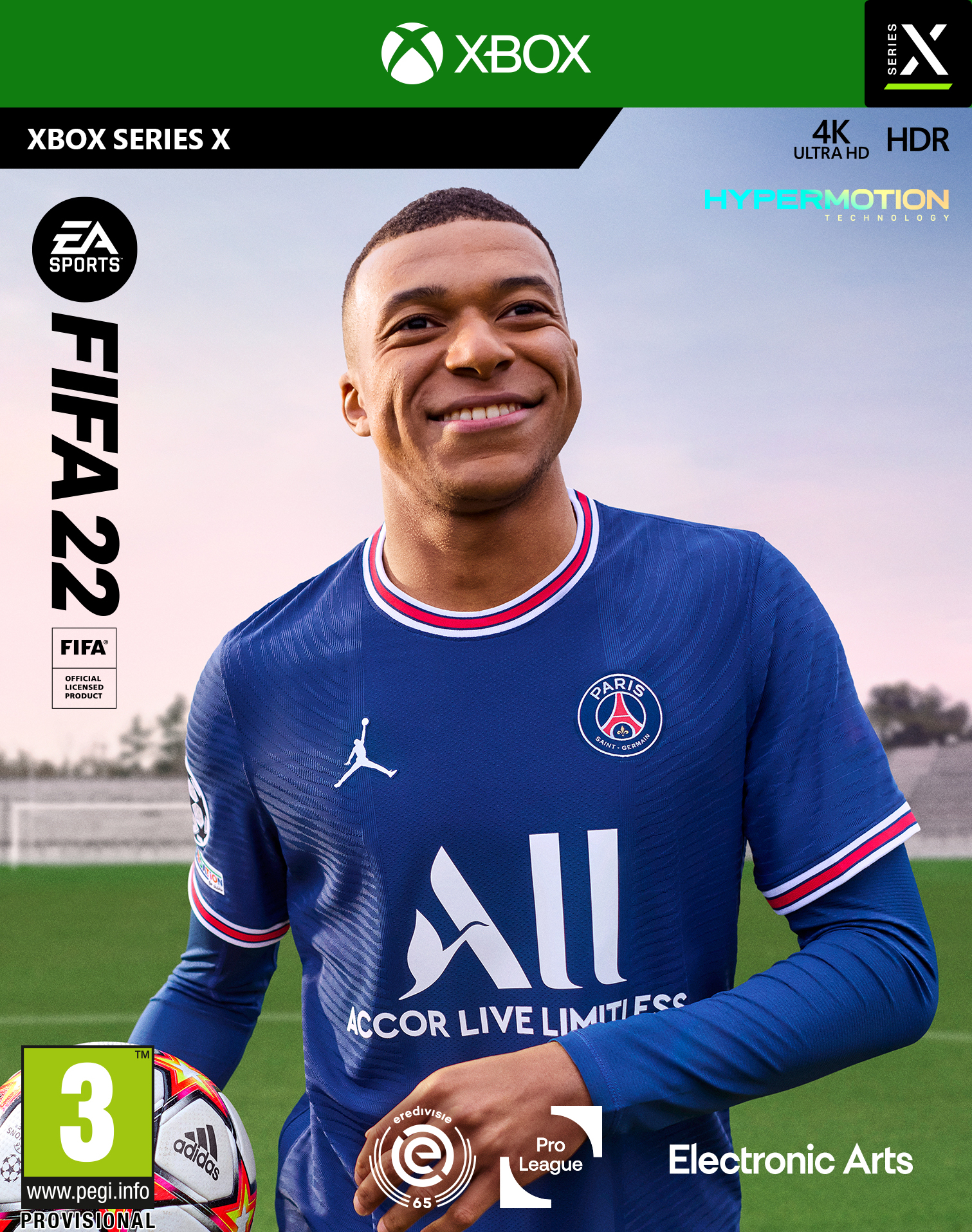 FIFA 22 gamecover. Mbappe lacht, draagt blauw shirt. Xbox Series X logo bovenaan.