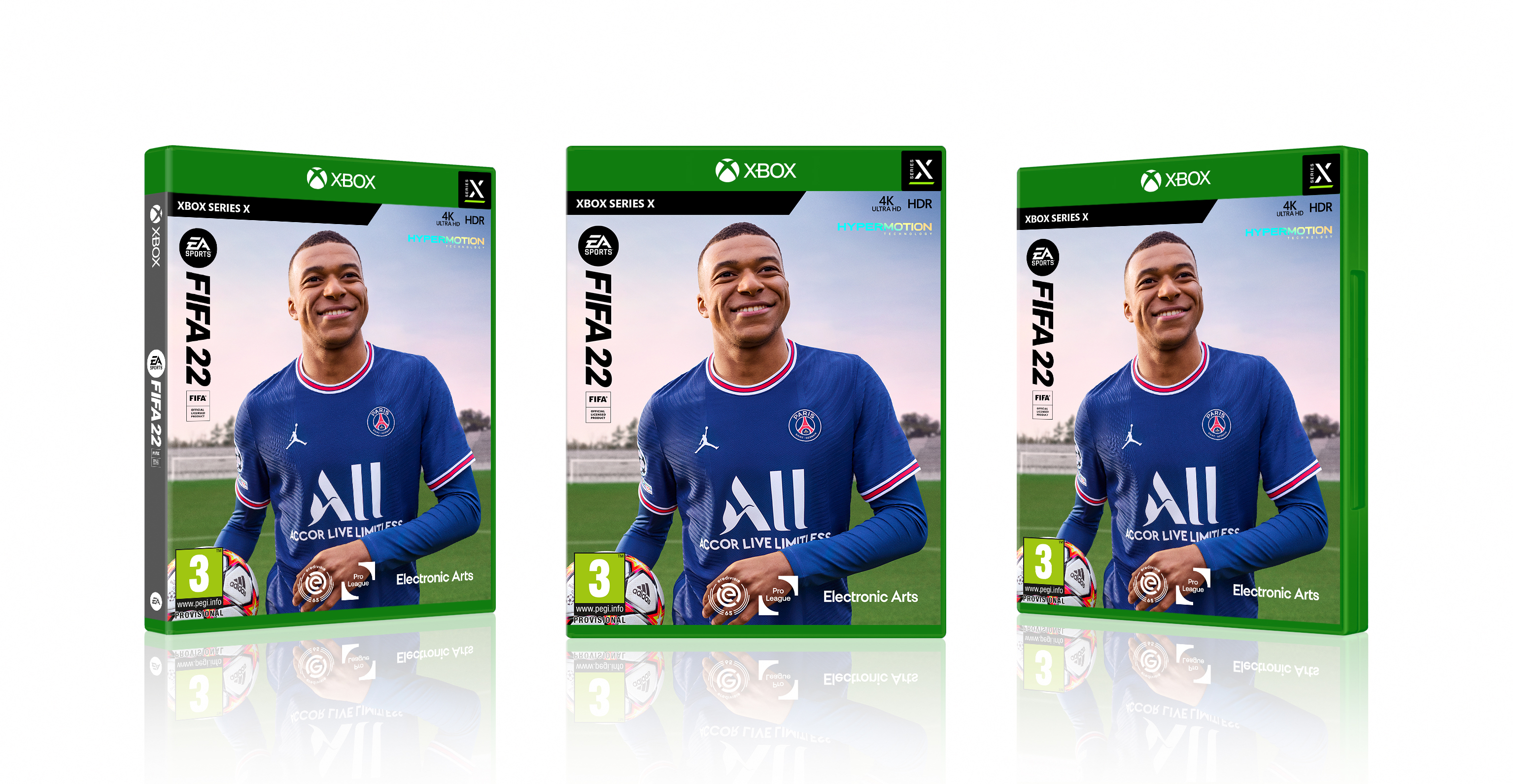 Drie FIFA 22 gameboxen met een voetballer, groen Xbox Series X logo en tekst.