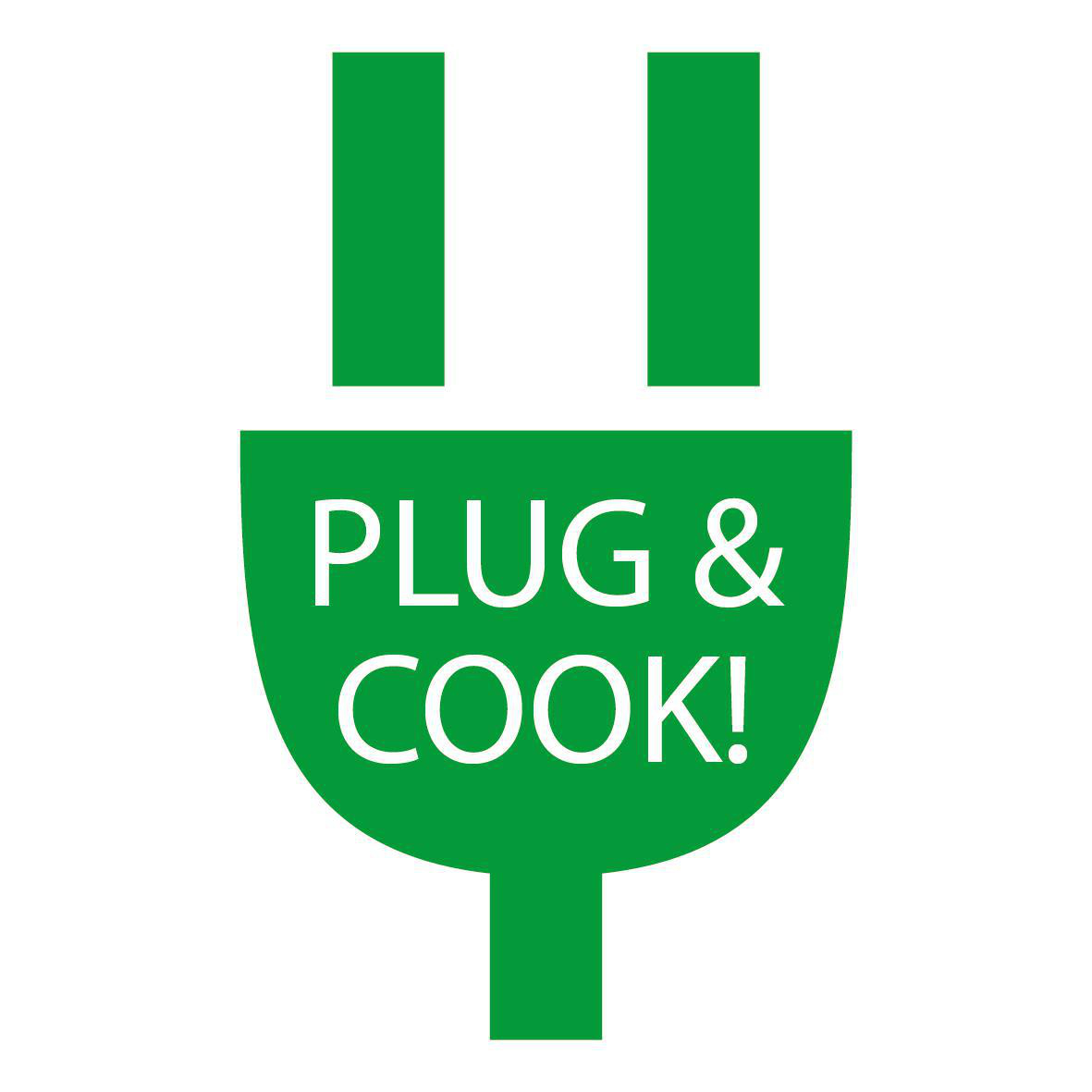Ein grüner Stecker mit dem Text 'PLUG & COOK!'.