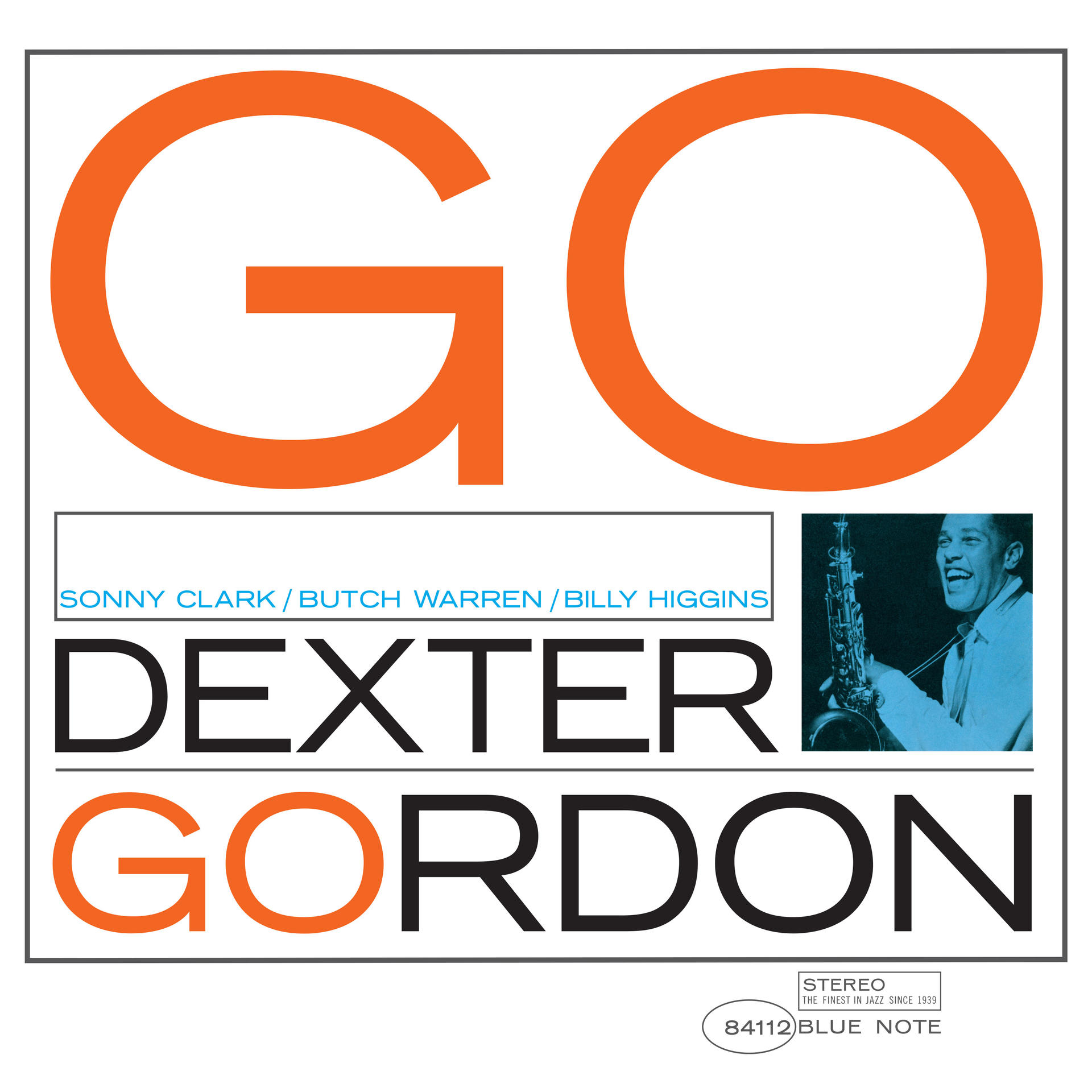 Album borító: Dexter Gordon "Go" narancssárga szöveggel és fotóval.