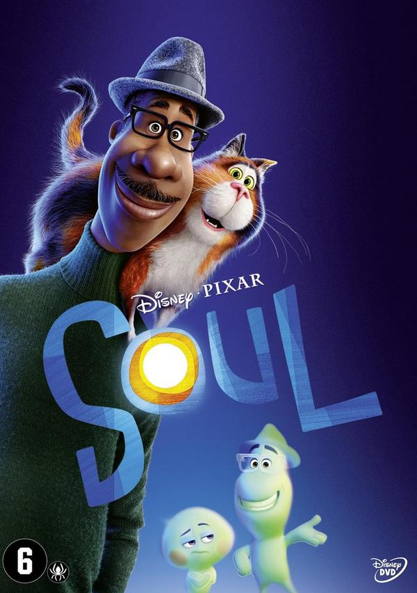 DVD-hoes van Disney Pixar's Soul. Toont tekenfilmfiguren: een man, een kat en twee andere figuren.