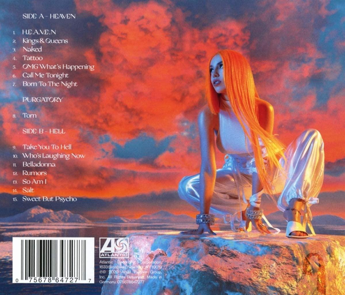 Frau mit orangenem Haar auf einem Felsen. Albumcover mit Songtiteln und einem Barcode.