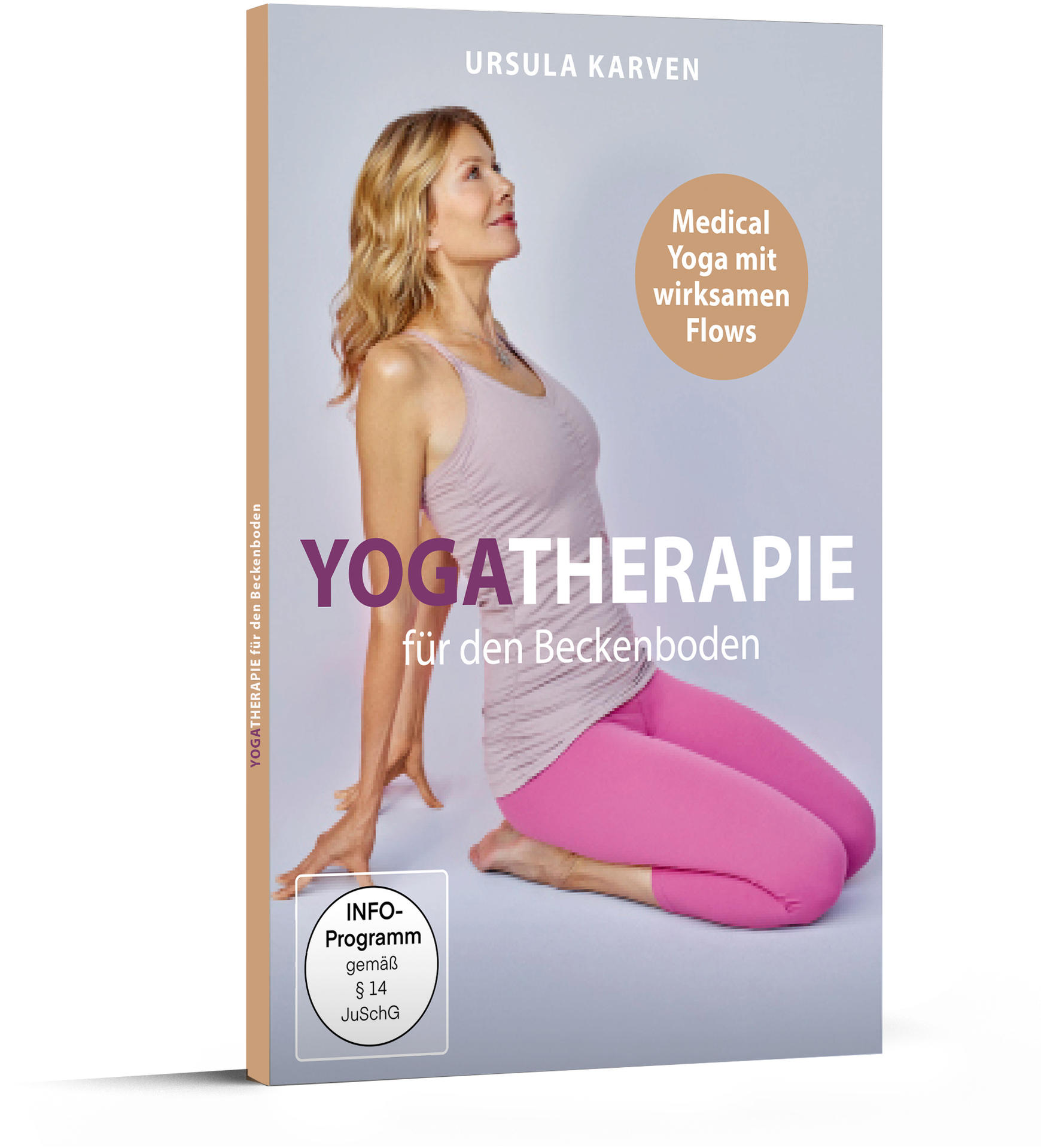 Buchcover mit einer Frau in pinkfarbenen Leggings. Der Text lautet 'Yogatherapie für den Beckenboden'.