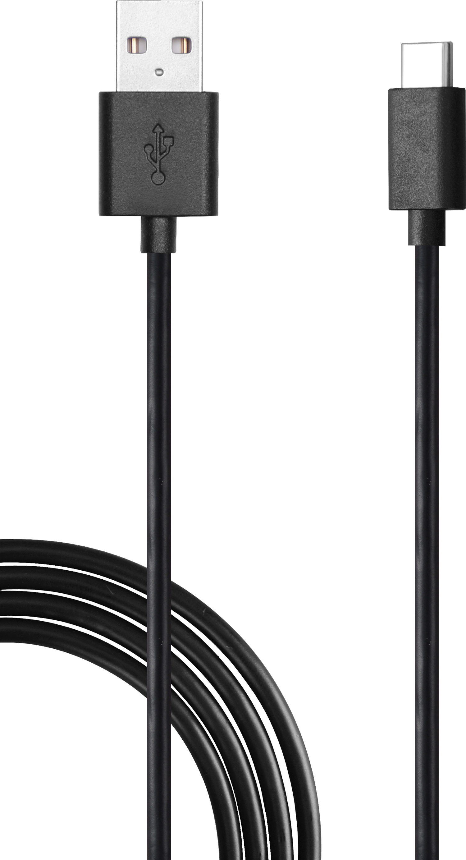 A black USB to USB-C cable. One end is USB and the other is USB-C. Black background.