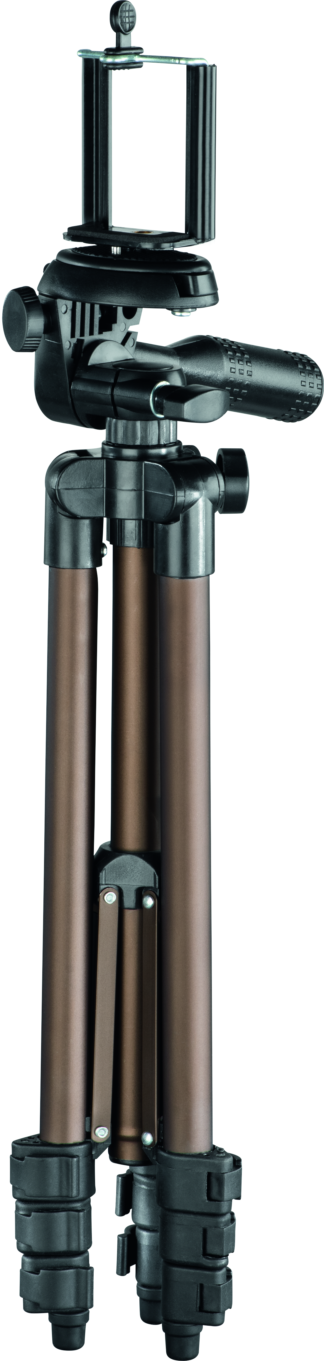 Un treppiede marrone e nero con un supporto per smartphone.