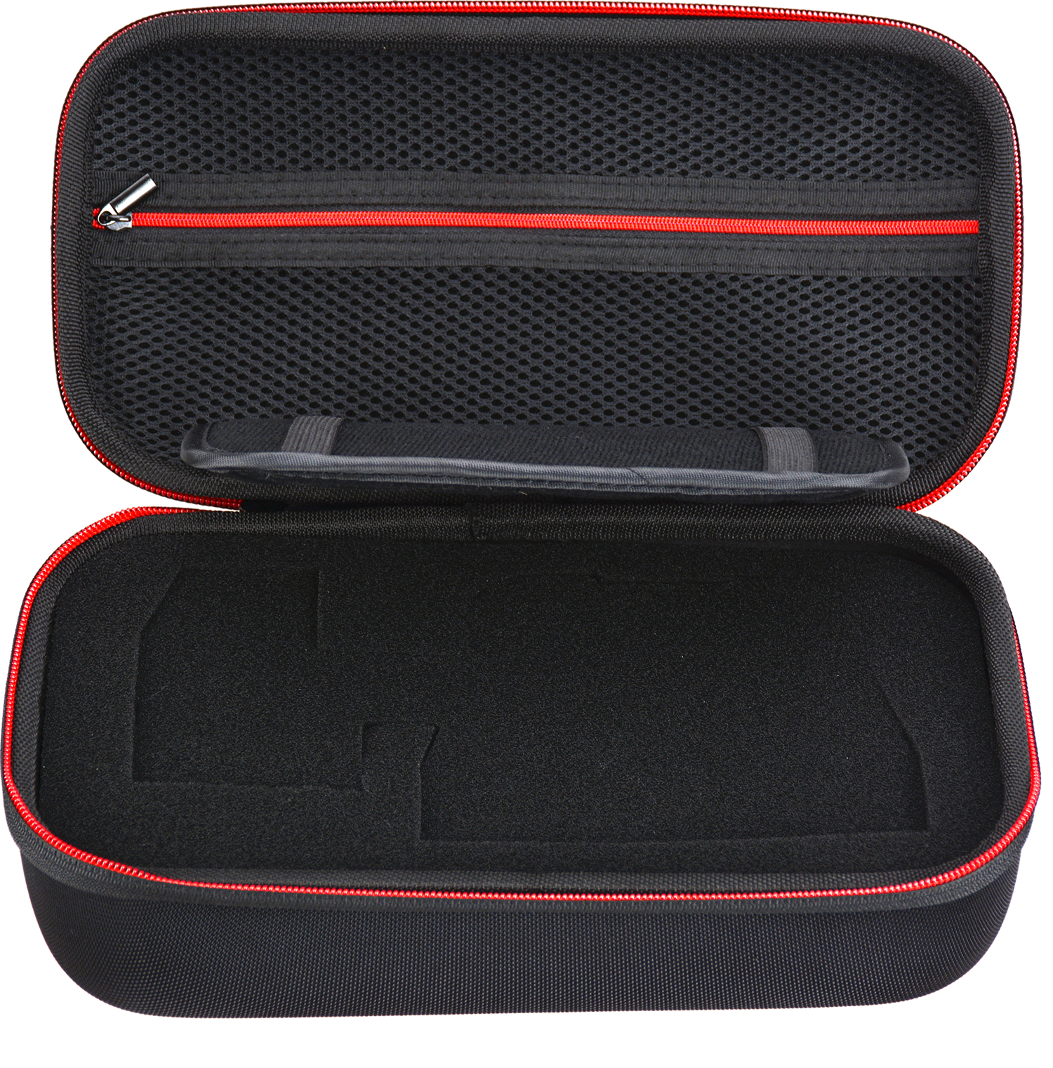 Open black and red travel case, showing the interior with foam and a zipper.