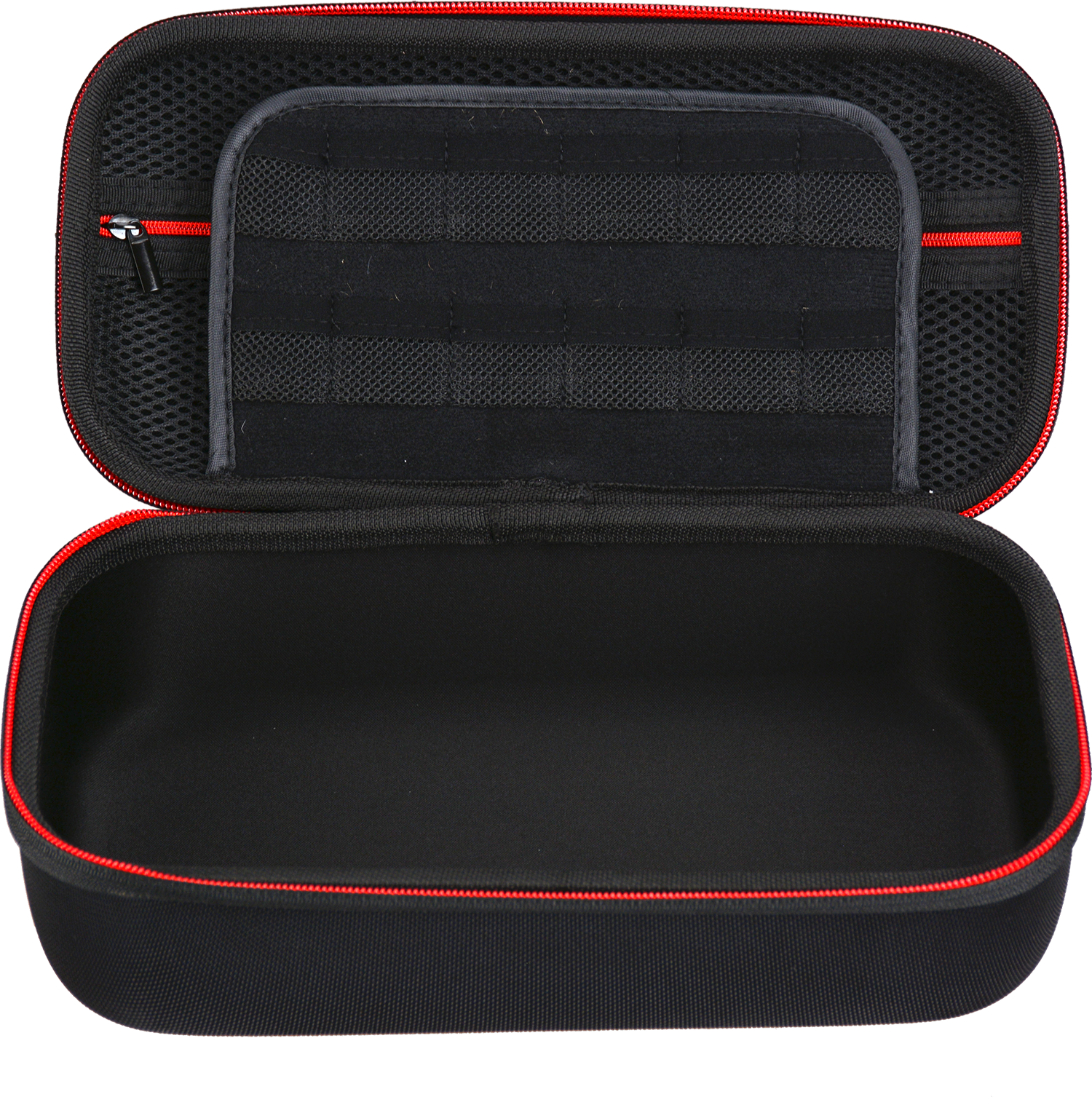 Opened black carrying case with red trim, showing a black interior with mesh pocket.