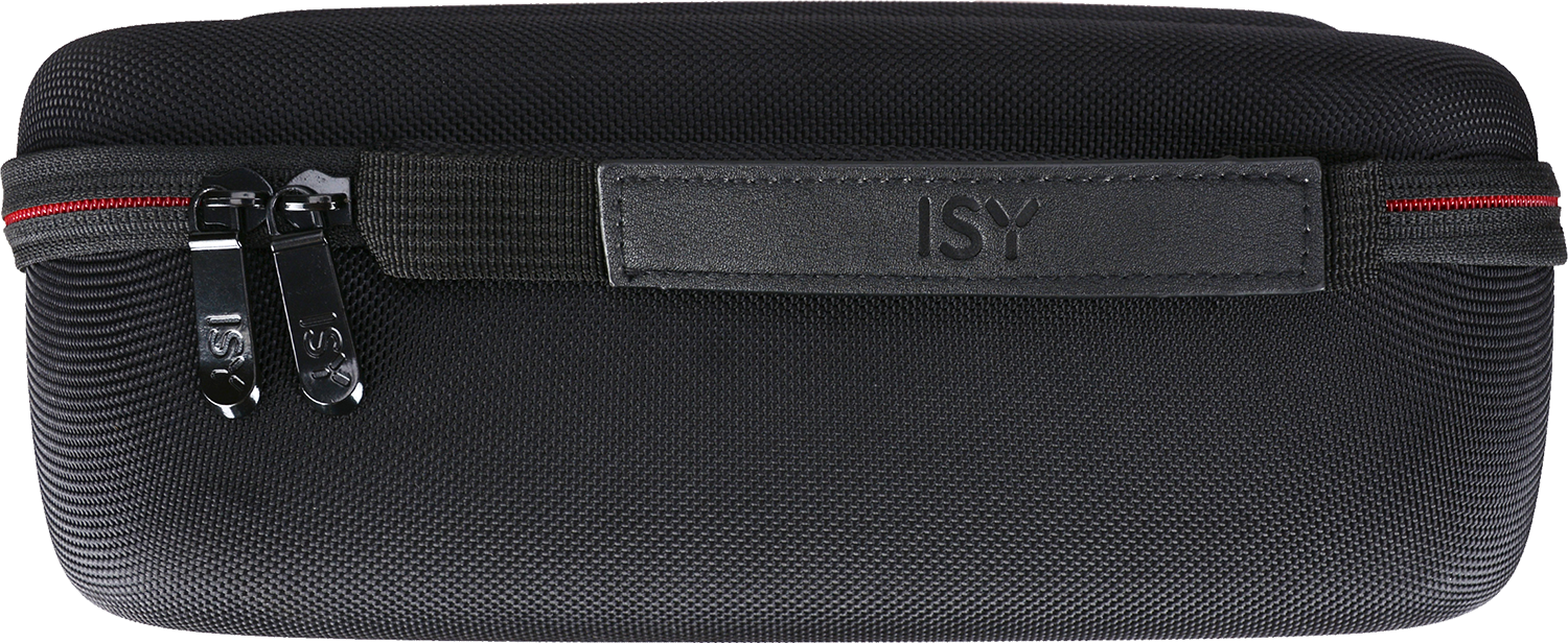Black case with a zipper, ISY label, and a handle.