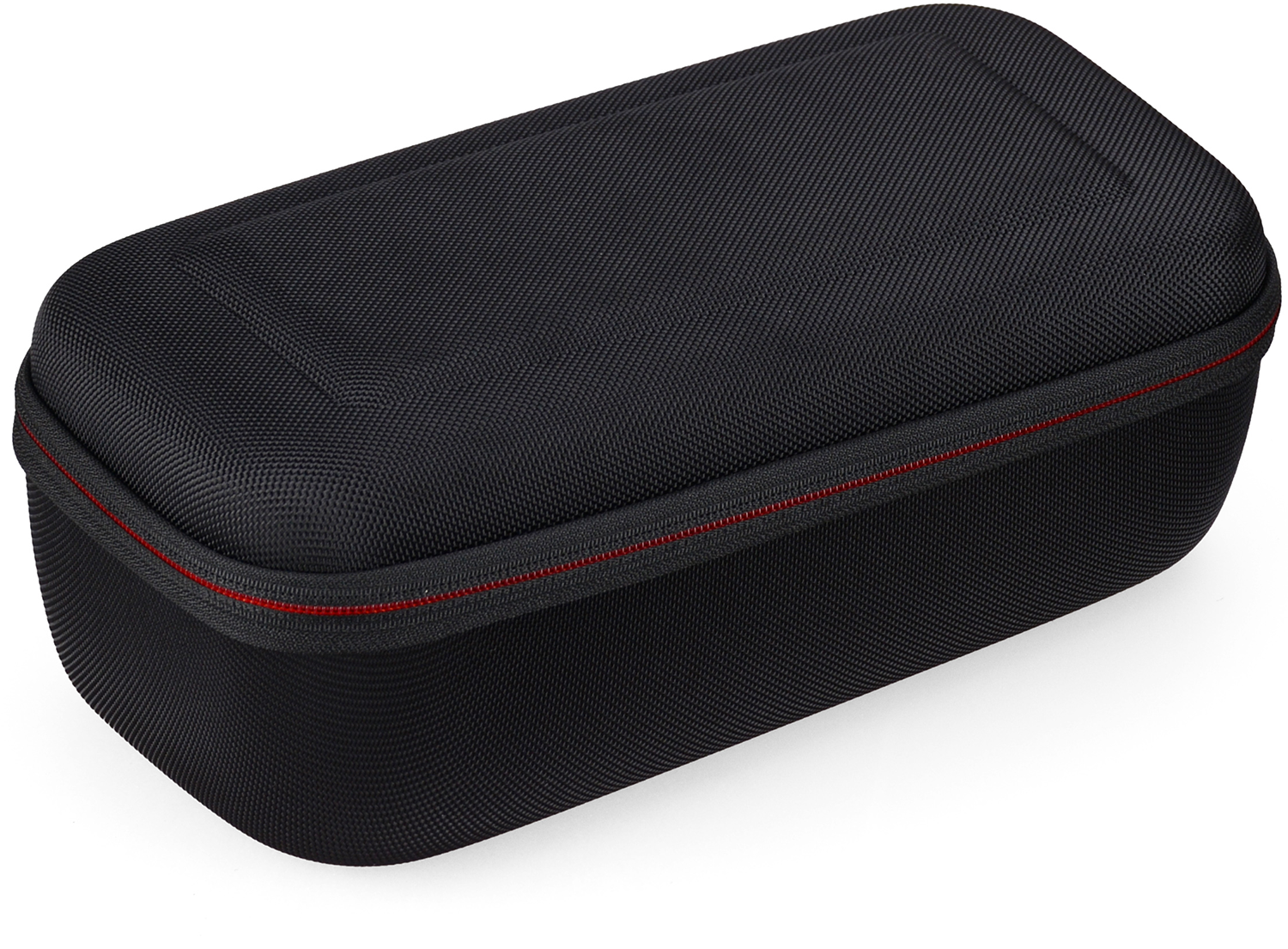 A black, rectangular case with a red zipper. The case is on a white background, with a slightly curved top.