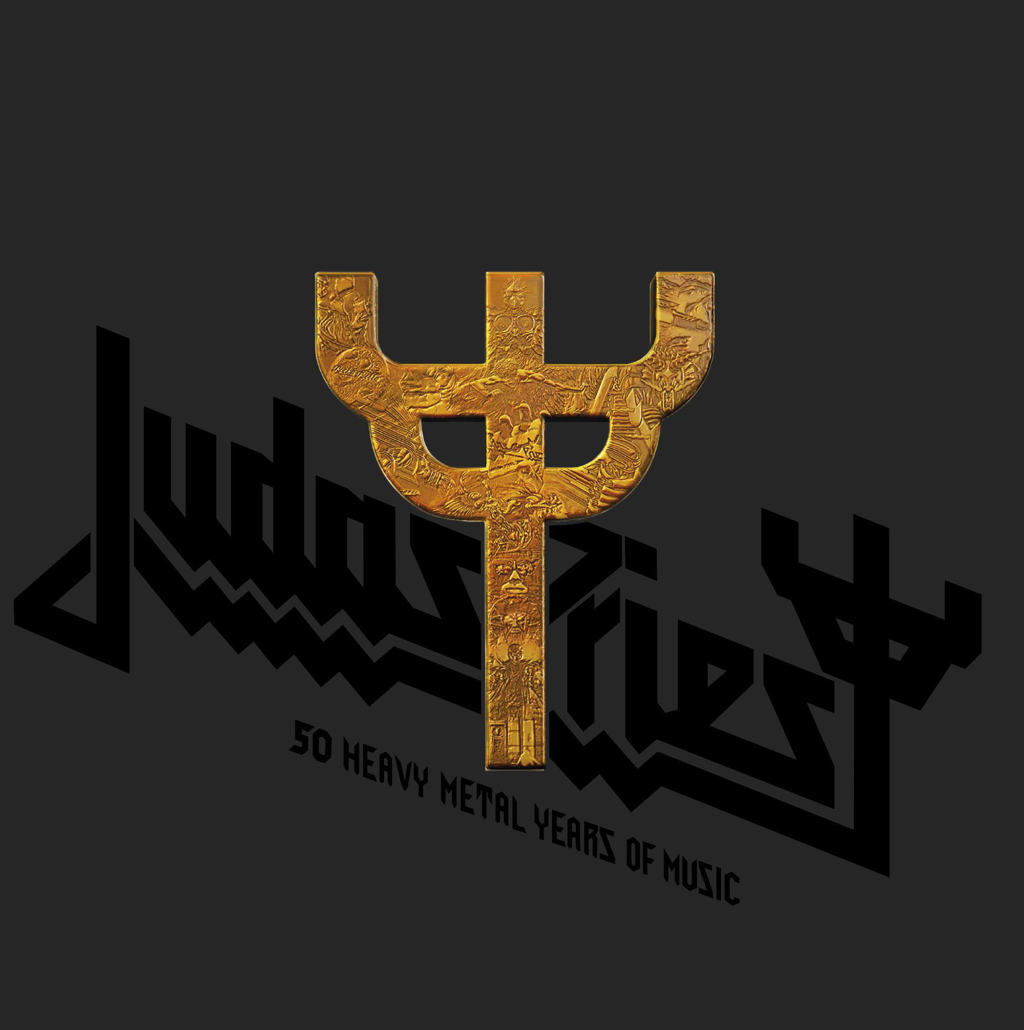 Judas Priest Logo mit goldenem Dreizack-Symbol und Text '50 Heavy Metal Years of Music'.