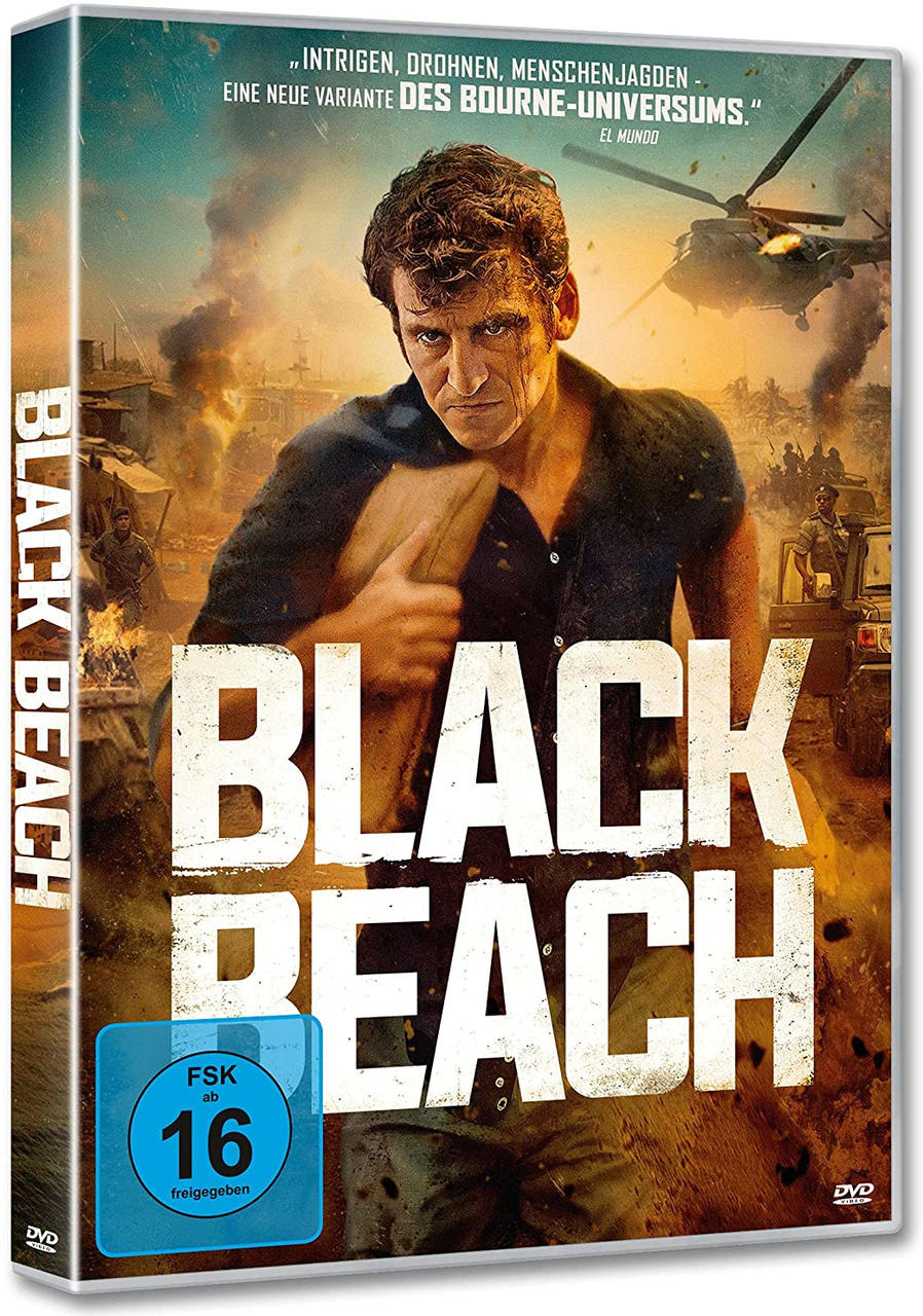 DVD-Cover für den Film 'Black Beach' mit einem Mann in schwarzem Hemd.