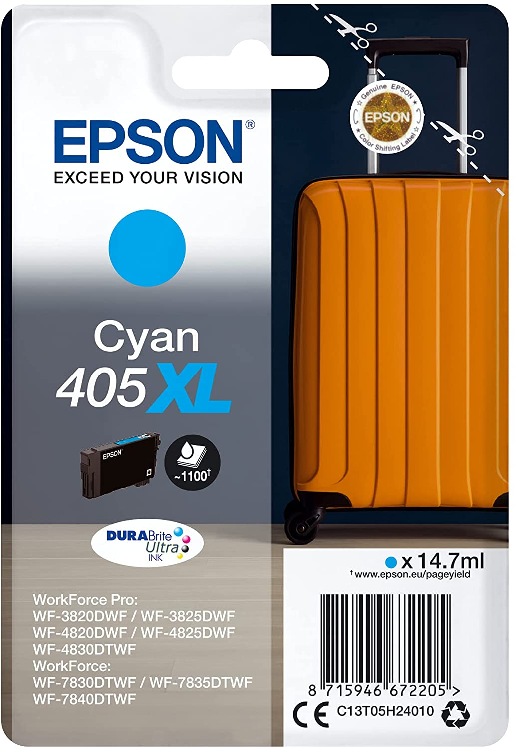 Epson Cyan 405 XL Tintenpatronen-Verpackung. Cyan-Tinte, Epson-Logo und Koffer-Grafik.