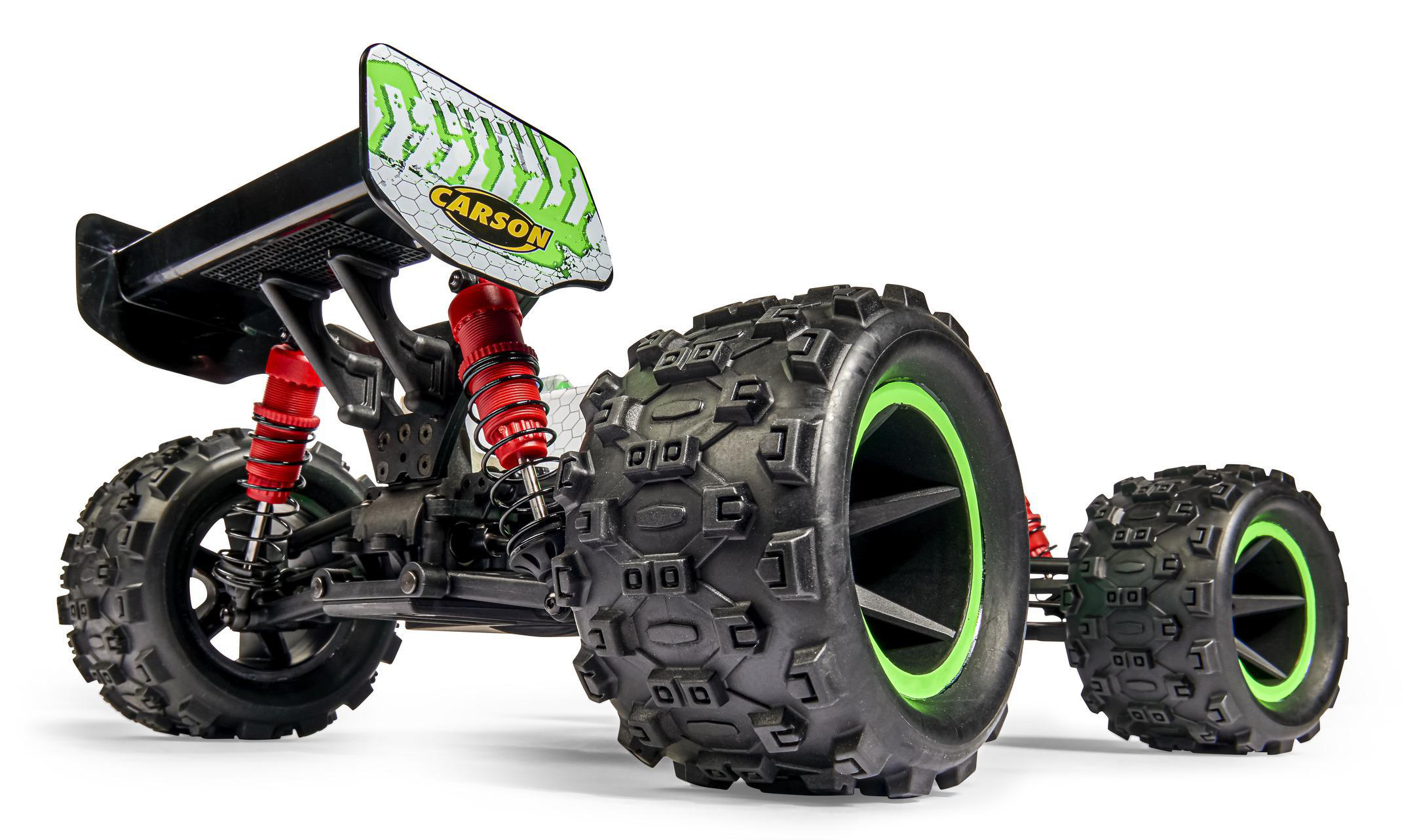RC-Auto auf weißem Grund. Auto ist schwarz mit roten Stoßdämpfern und großen Reifen.