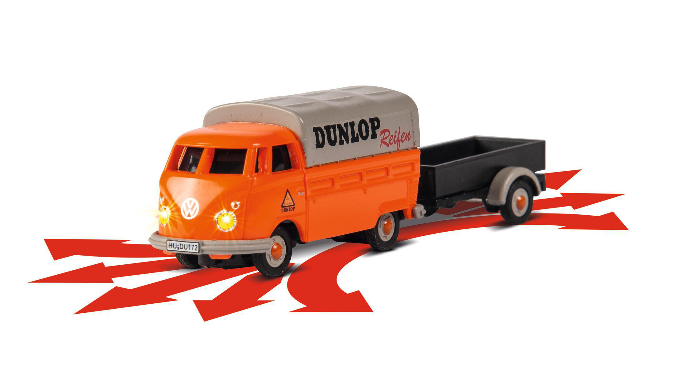 CARSON 1:87 VW T1 Bus Dunlop m.Anhänger 100% RTR ferngesteuertes Miniaturfahrzeug, Orange