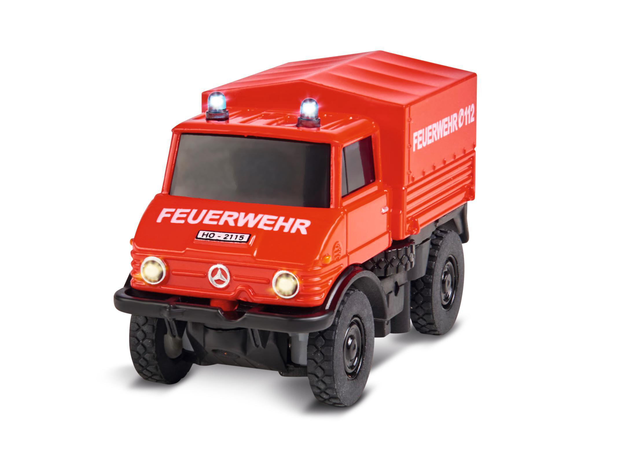 2.4G CARSON 1:87 Rot Miniaturfahrzeug, ferngesteuertes Unimog U406 Feuerwehr 100% MB