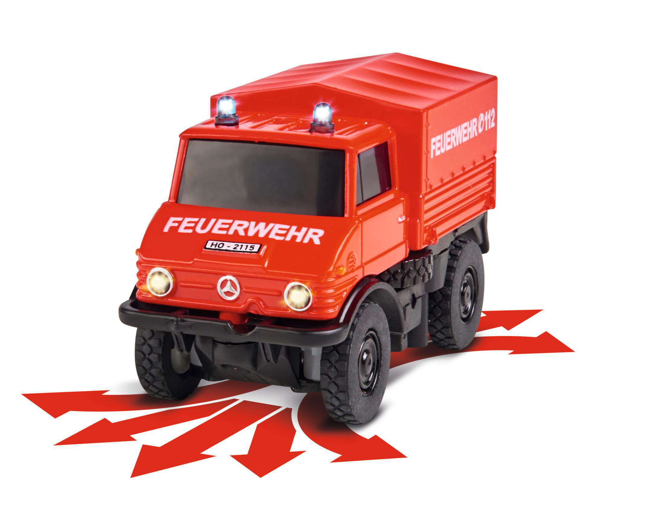 CARSON 1:87 MB Unimog Feuerwehr 100% Miniaturfahrzeug, U406 2.4G Rot ferngesteuertes