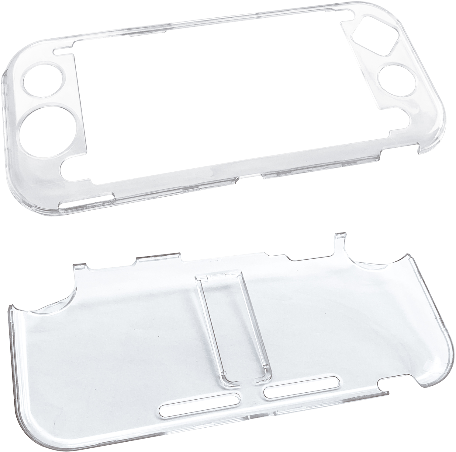 Clear plastic shell for a handheld game console, top and bottom pieces separated.