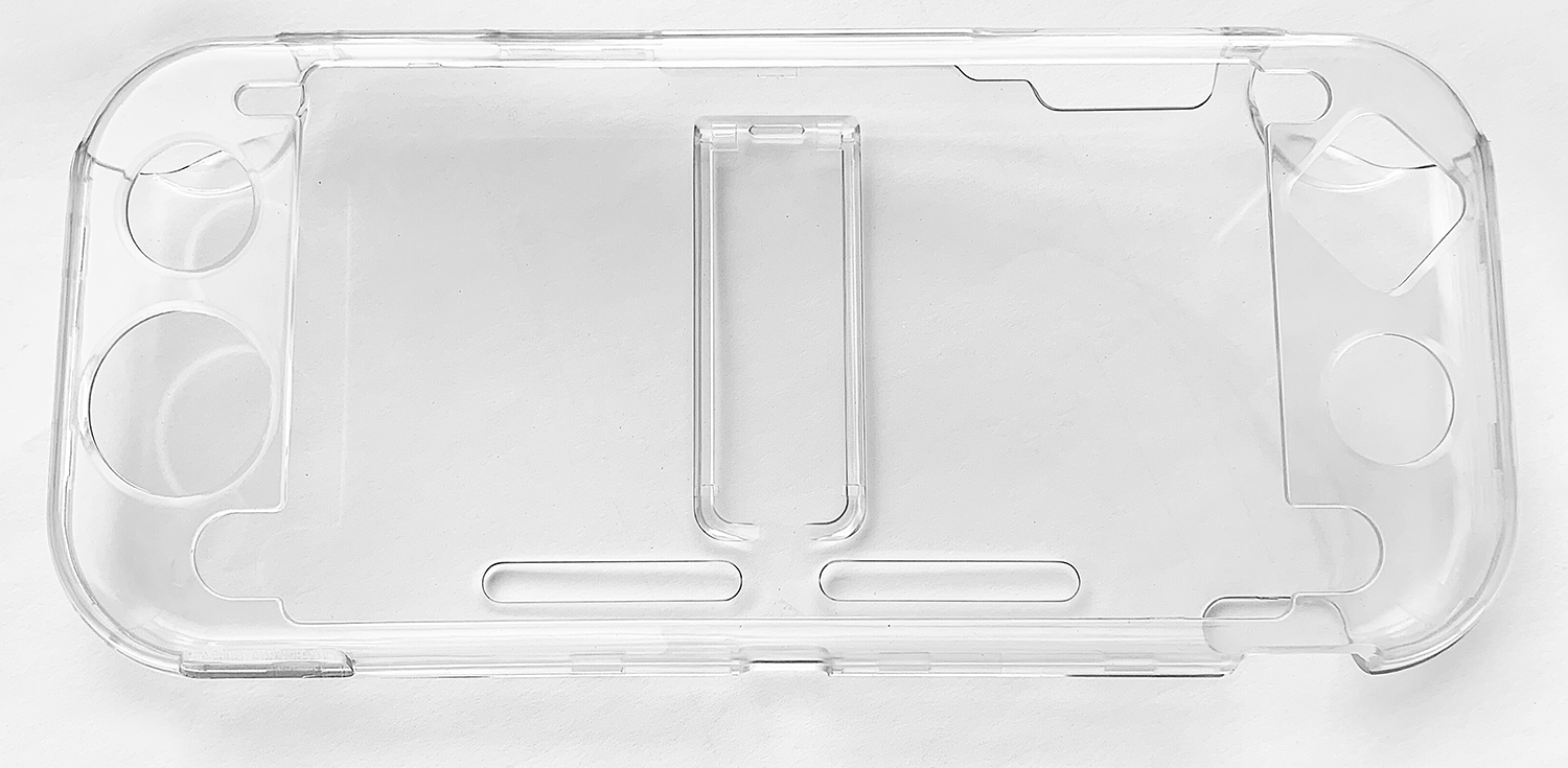 Clear plastic case for a gaming device, shaped to fit the device with cutouts.