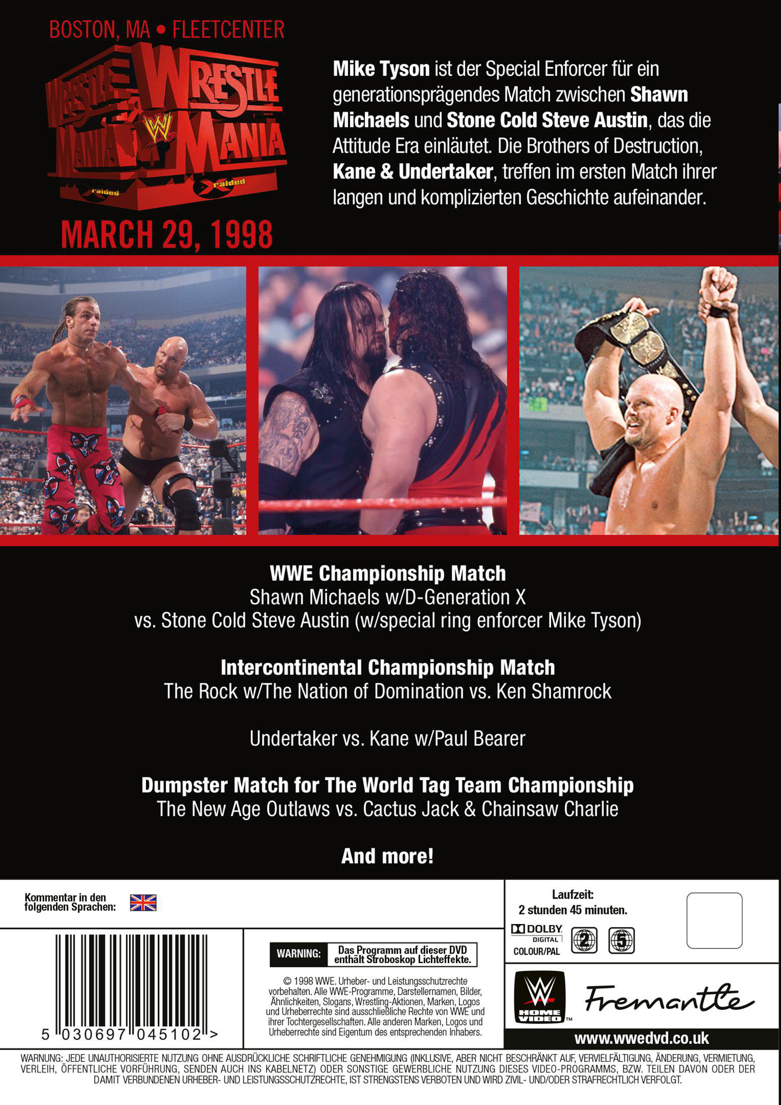 Rückseite einer DVD mit Wrestling-Stars und Event-Details, Text in Englisch und Deutsch.