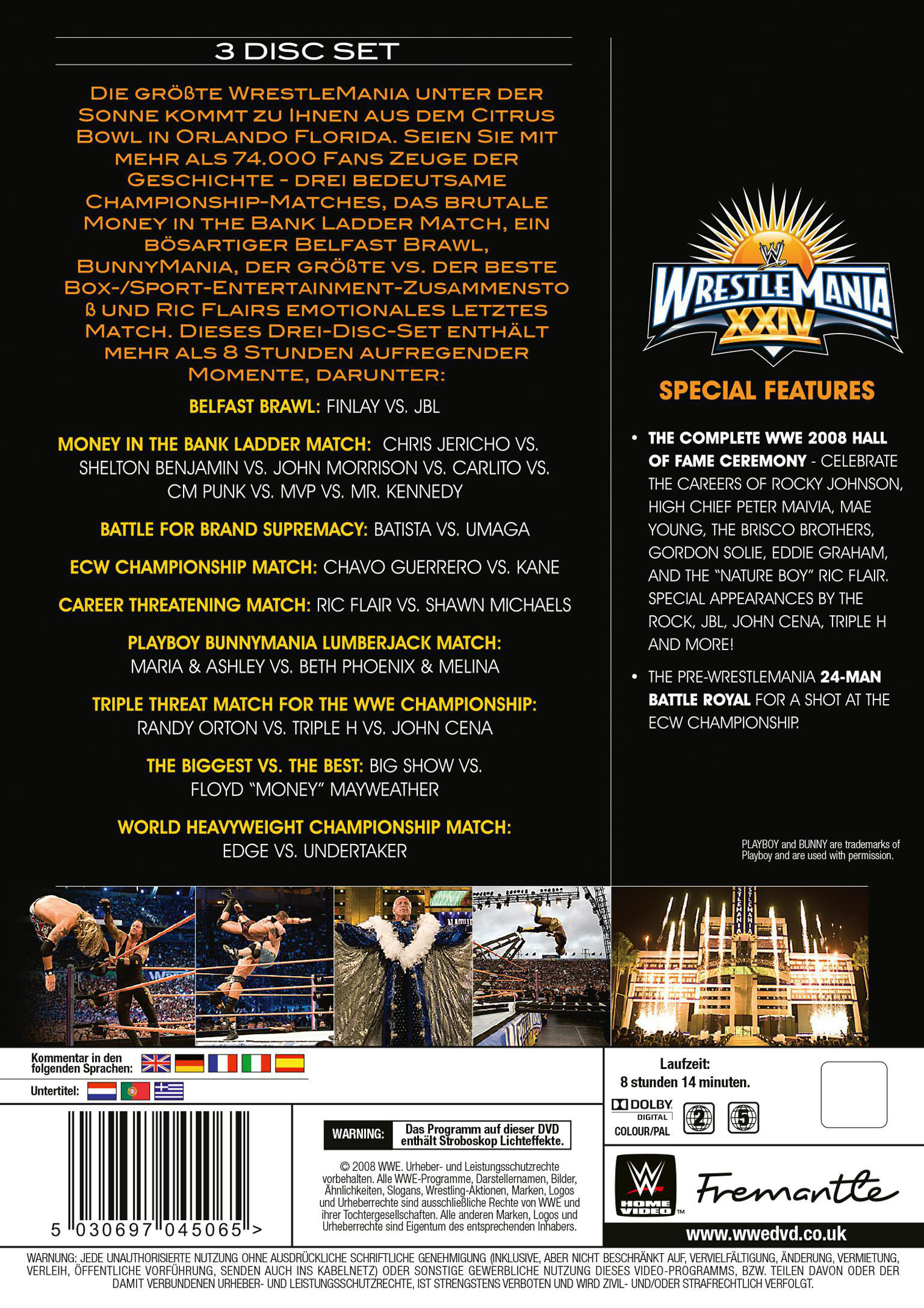 DVD-Cover, Wrestling-Event-Rückseite. Text, Eventdetails und Logos mit Wrestlern und Publikum.
