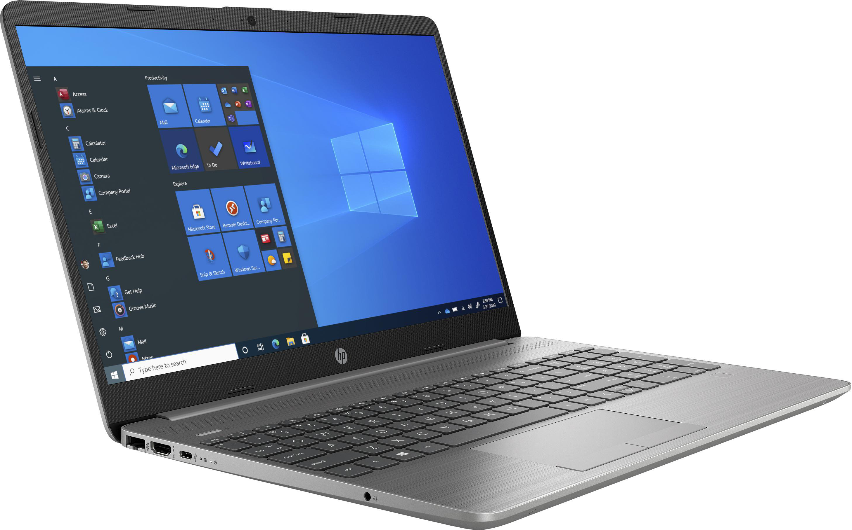 Silberner Laptop mit blauem Bildschirm, der die Windows 10-Oberfläche zeigt, schräge Ansicht.