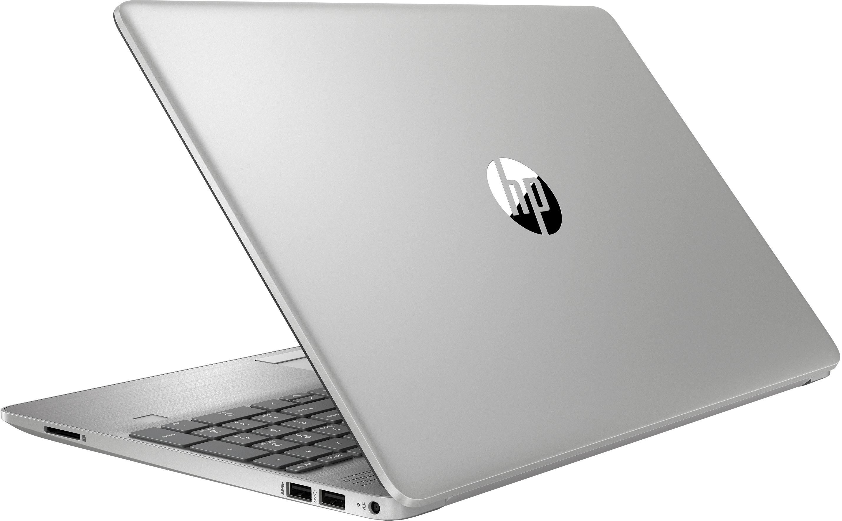 Silberner HP Laptop, in einem Winkel geöffnet, zeigt die Tastatur und das HP-Logo auf der Rückseite.