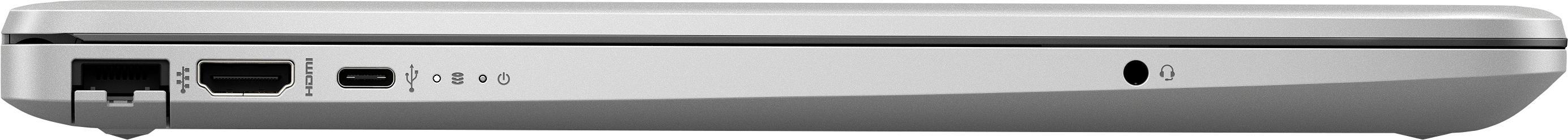 Seitenansicht eines silbernen Laptops mit Anschlüssen, vor weißem Hintergrund.