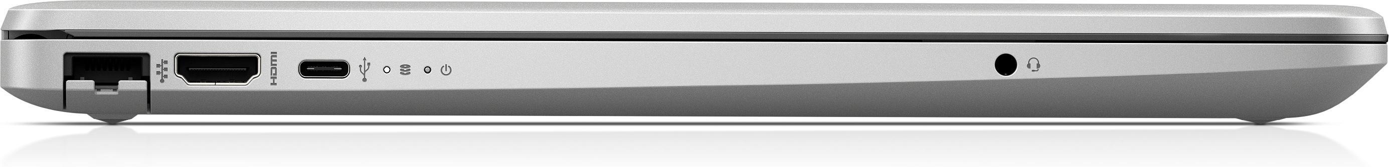 Seitenansicht eines silbernen Laptops mit Anschlüssen: Ethernet, HDMI, USB-C und Audio.