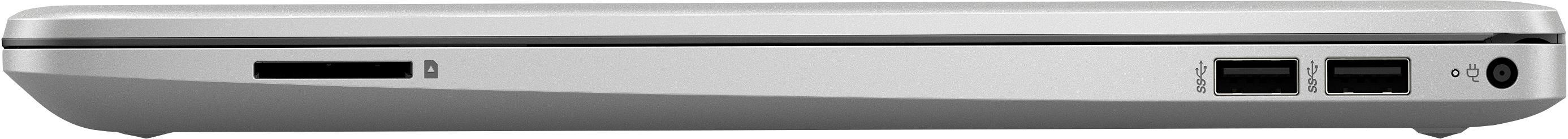 Seitenansicht eines silbernen Laptops mit Anschlüssen: SD-Karte, USB und Kopfhörer.