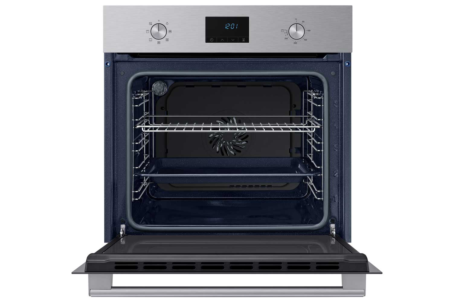 Open stainless steel oven with a blue interior. A digital clock is visible. White background.