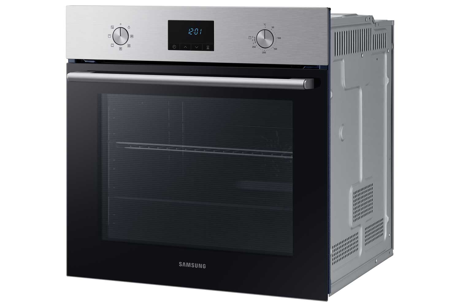 Samsung oven, stainless steel, with digital clock.