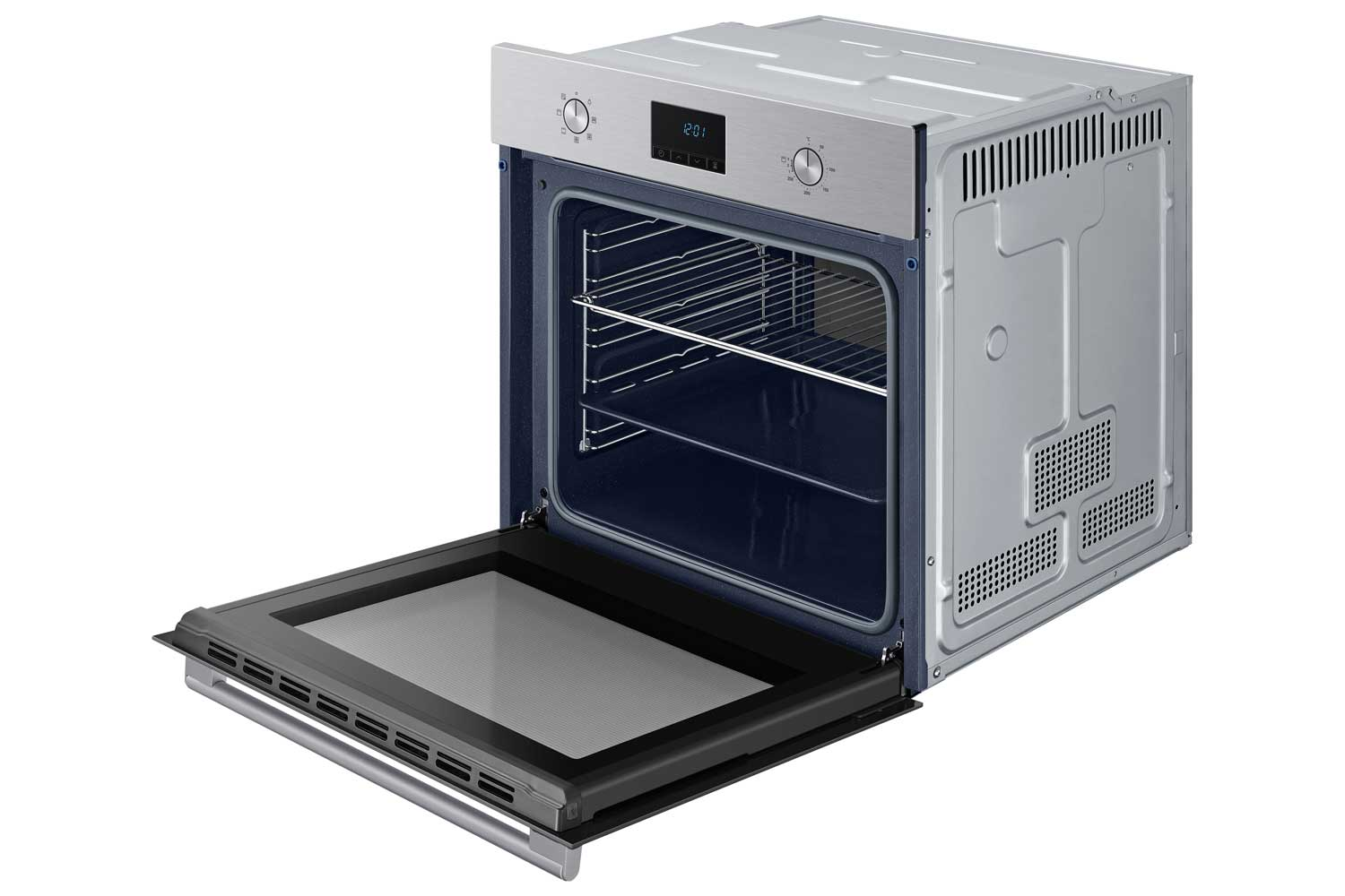 Oven with the door open, showing the interior. Silver exterior.