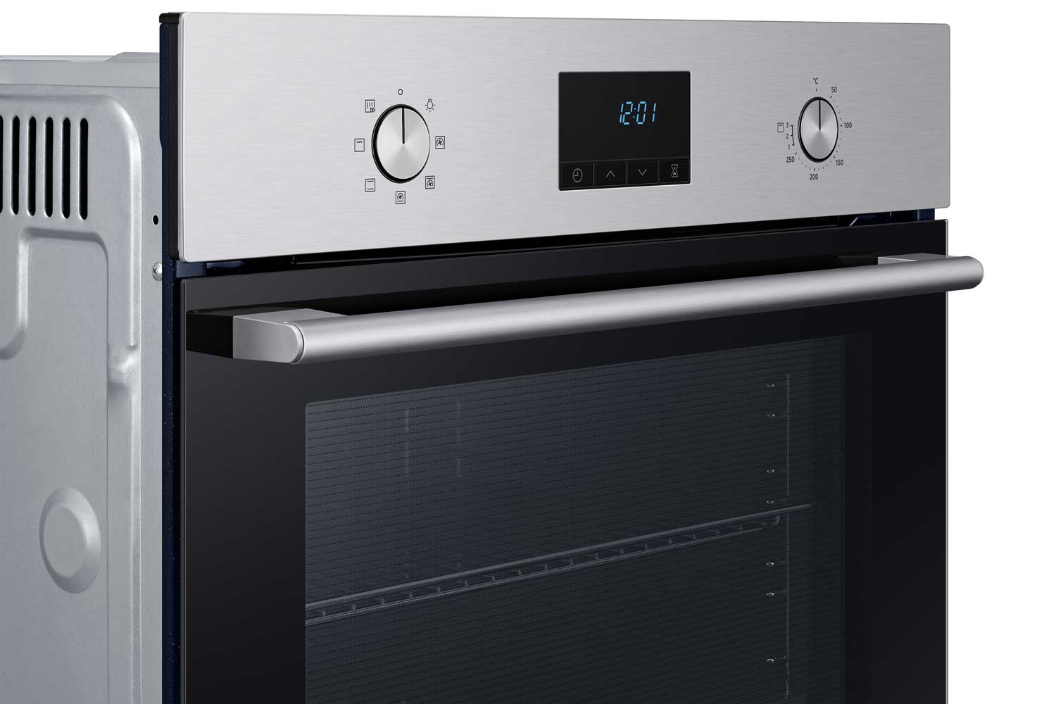 Built-in oven with control panel, digital display, and handle.