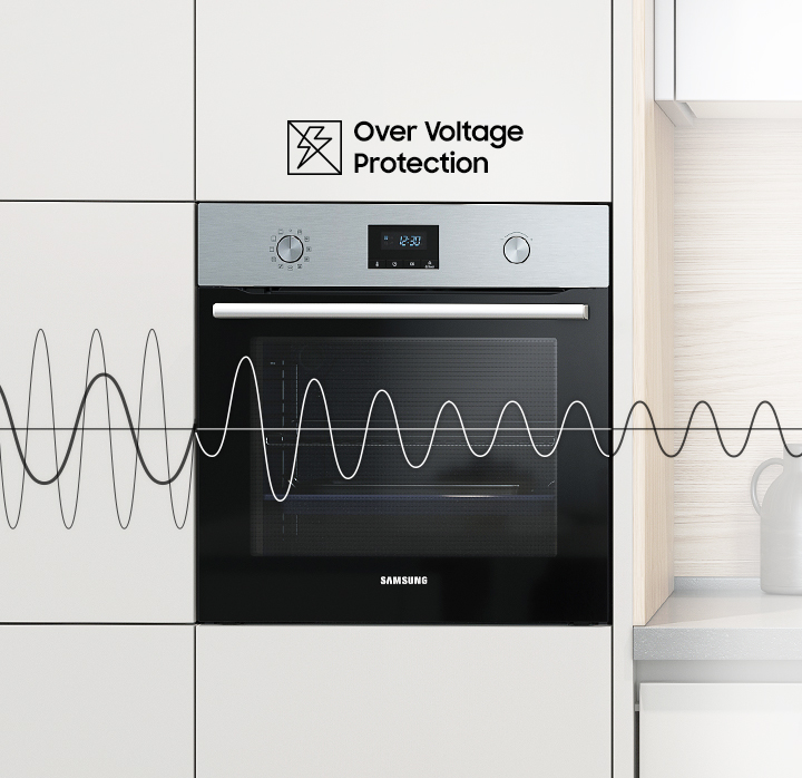 Silver oven with glass door, white cabinets, and overvoltage protection.