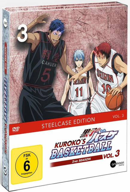 DVD-Hülle von Kurokos Basketball mit drei Basketballspielern in Trikots.