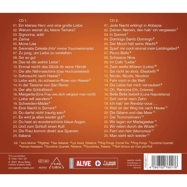 Bild eines CD-Covers mit Titellisten in zwei Spalten. Verschiedener Text und ein Musiklabel-Logo.