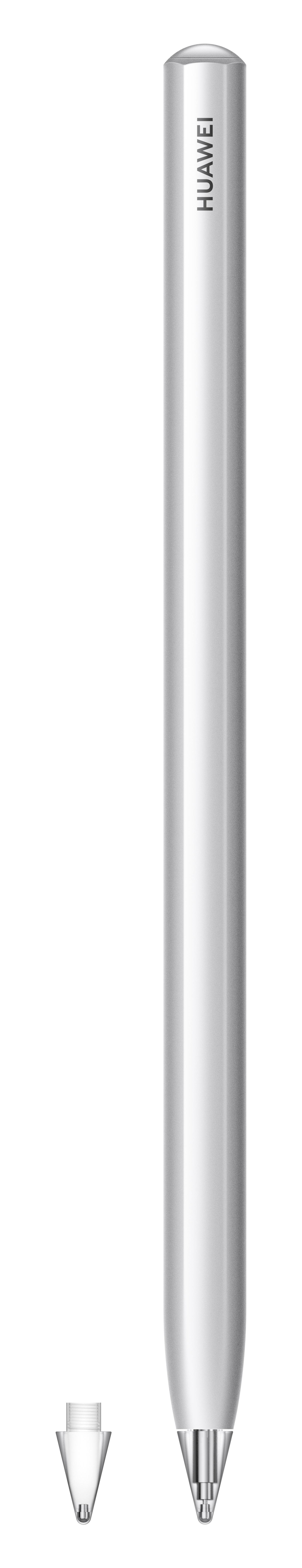 Ein silberner Huawei-Eingabestift mit Kappe, liegend neben der Spitze.