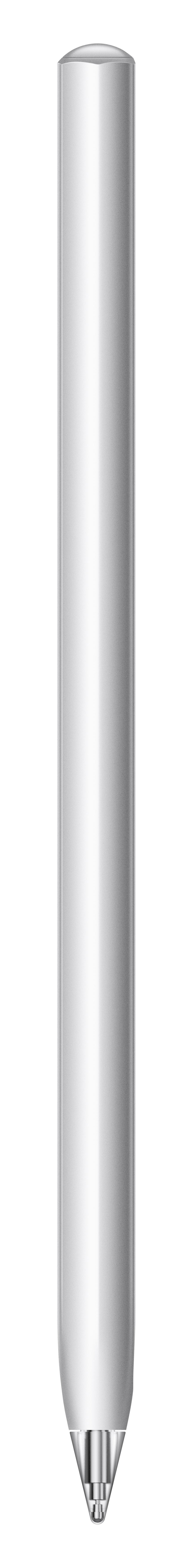Ein weißer Eingabestift mit metallischer Spitze vor weißem Hintergrund.