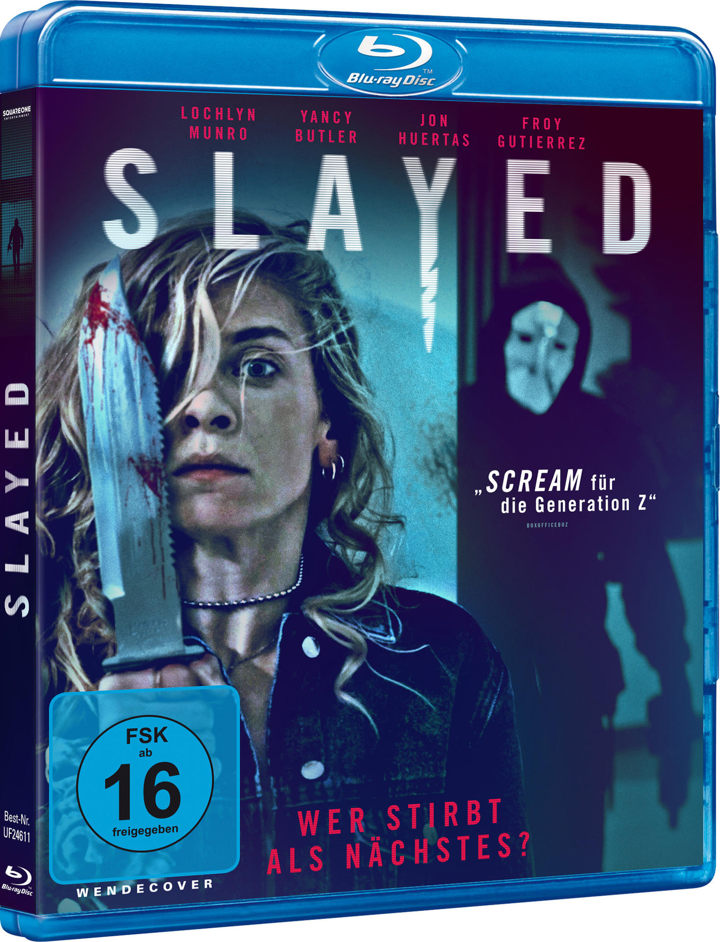 Blu-ray-Disc-Cover mit einer Frau, die ein Messer hält, der Titel lautet SLAYED.