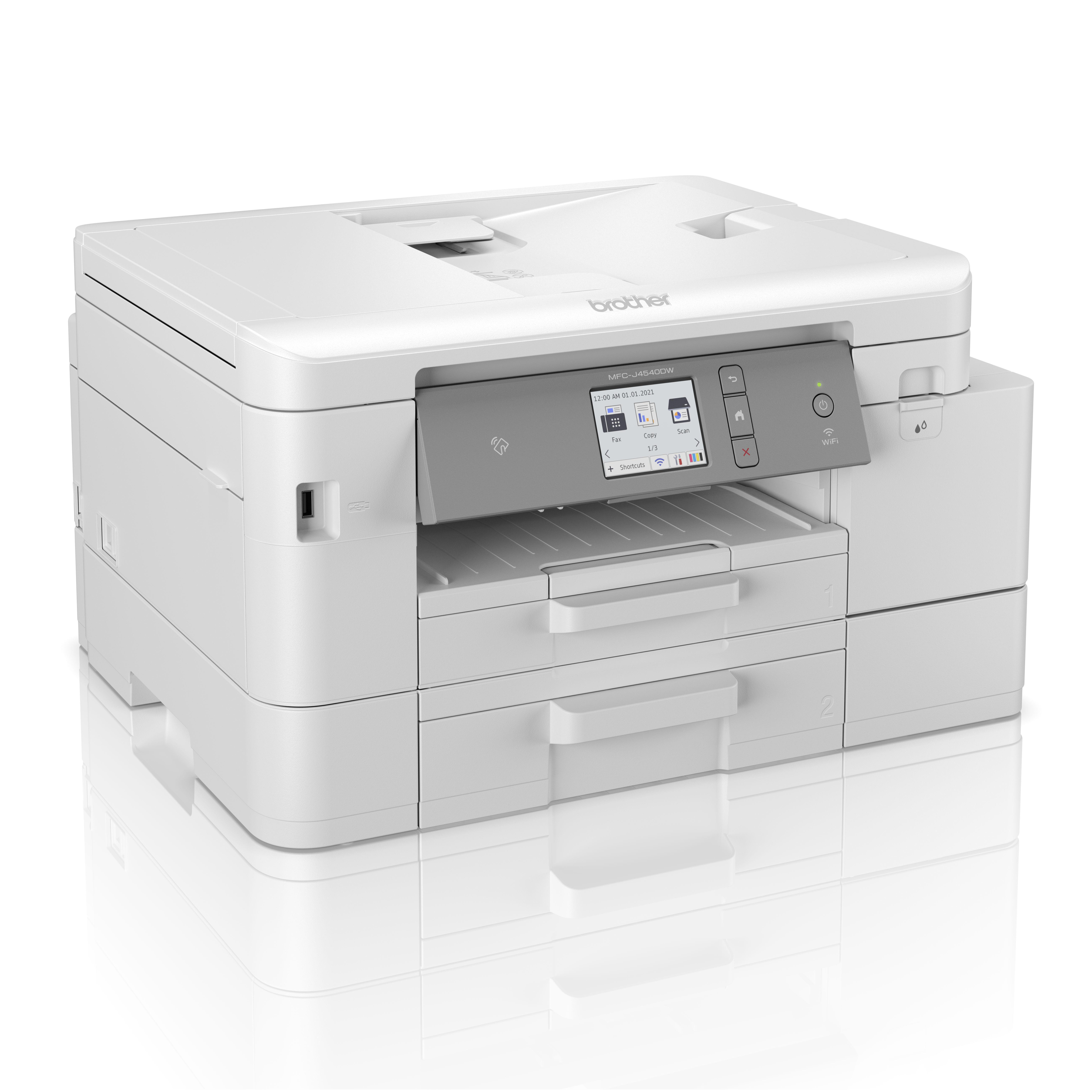 Ein weißer Brother-Drucker mit Bildschirm und zwei Papierfächern.