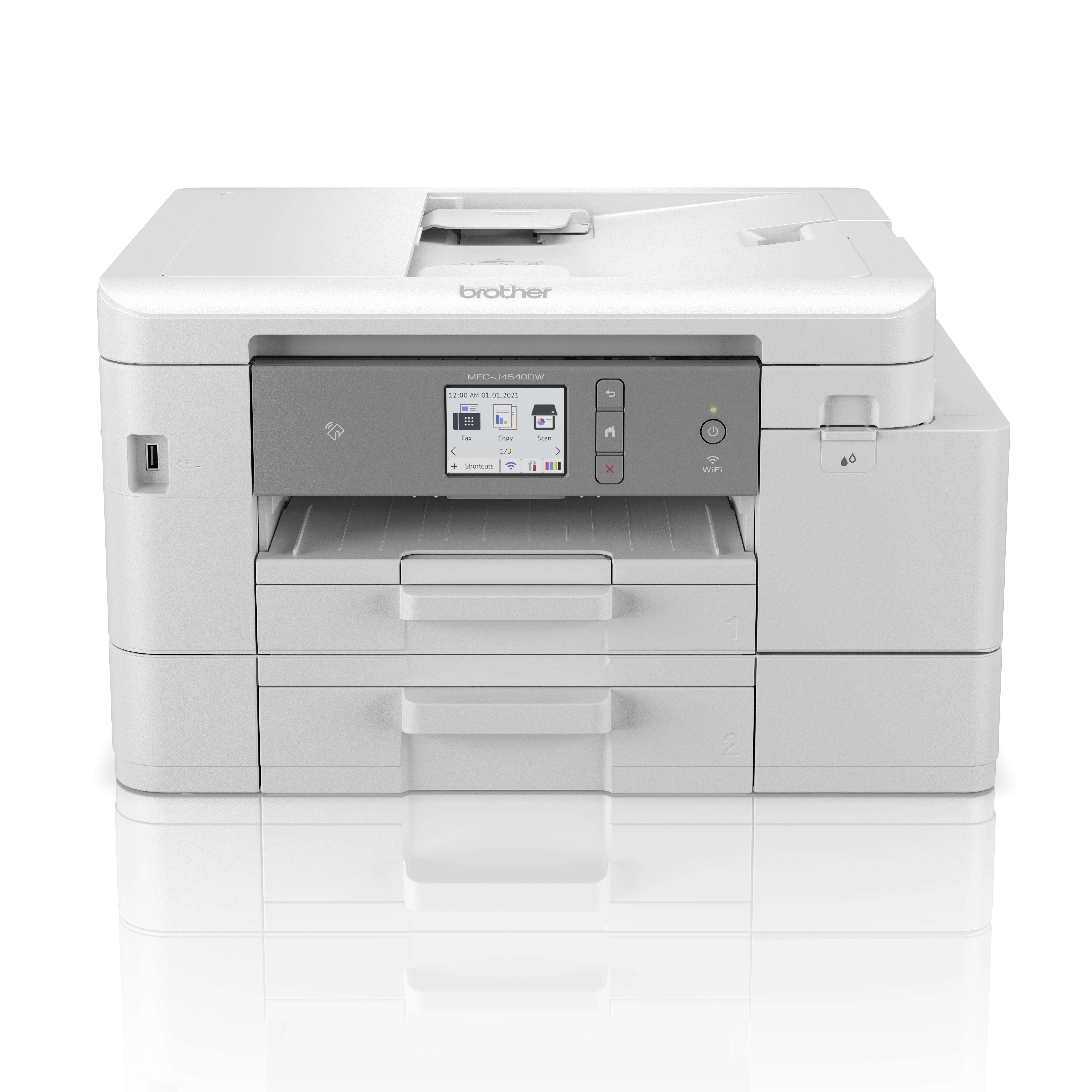 Ein weißer Brother-Drucker mit grauem Bedienfeld und zwei Papierfächern.