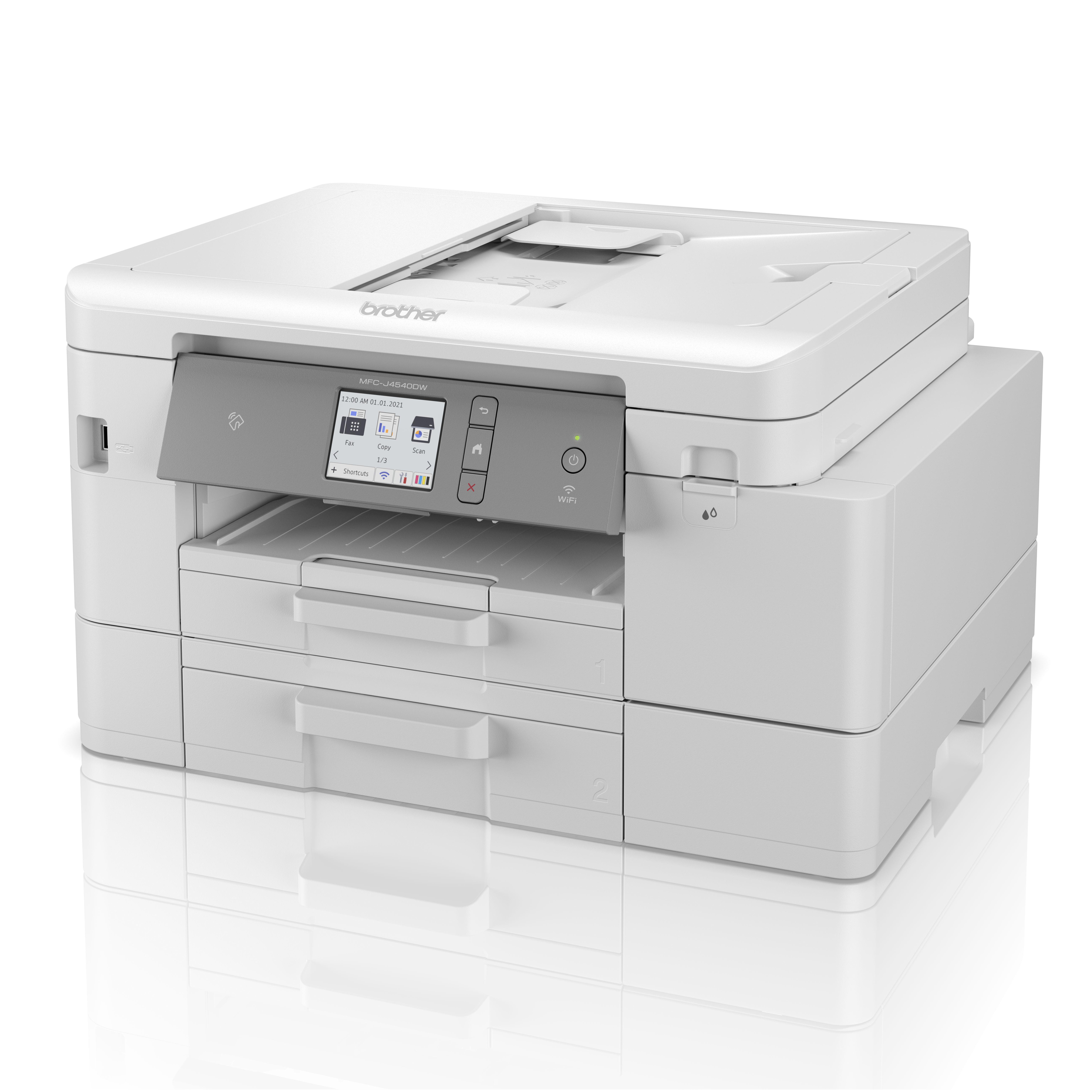 Weißer Brother-Multifunktionsdrucker auf weißer Oberfläche, mit Touchscreen-Anzeige.
