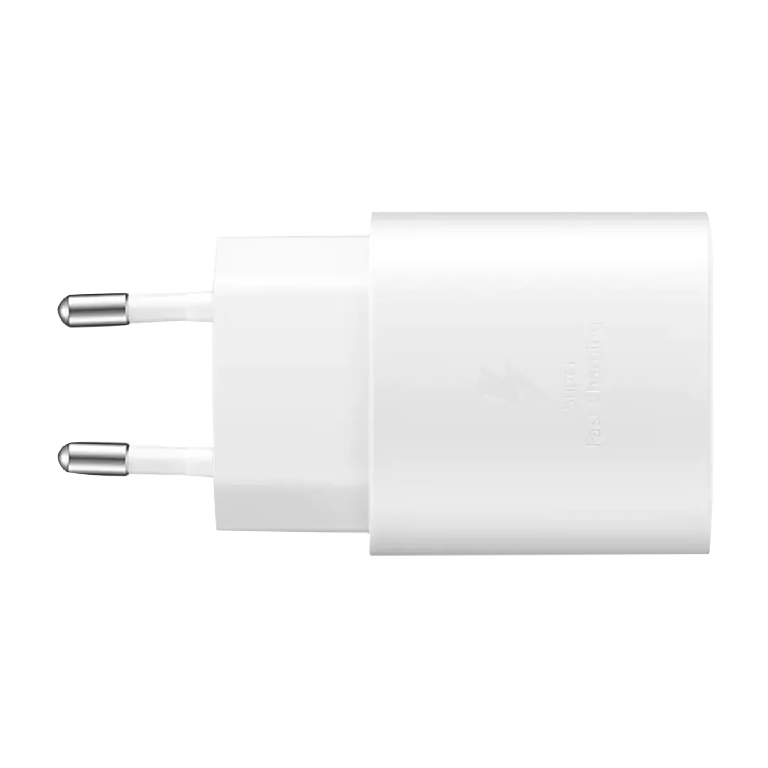Cargador blanco con dos clavijas metálicas para enchufar a la corriente.