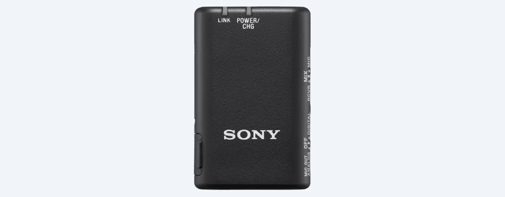 Schwarzer Sony Audioempfänger mit Beschriftungen: Link, Power/Chg, XLR MIC. Text: Sony.