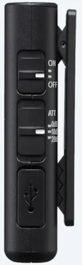 Seitenansicht eines Sony Audiogeräts mit Tasten: On, Off, Att -10dB, -20dB. USB-Anschluss.