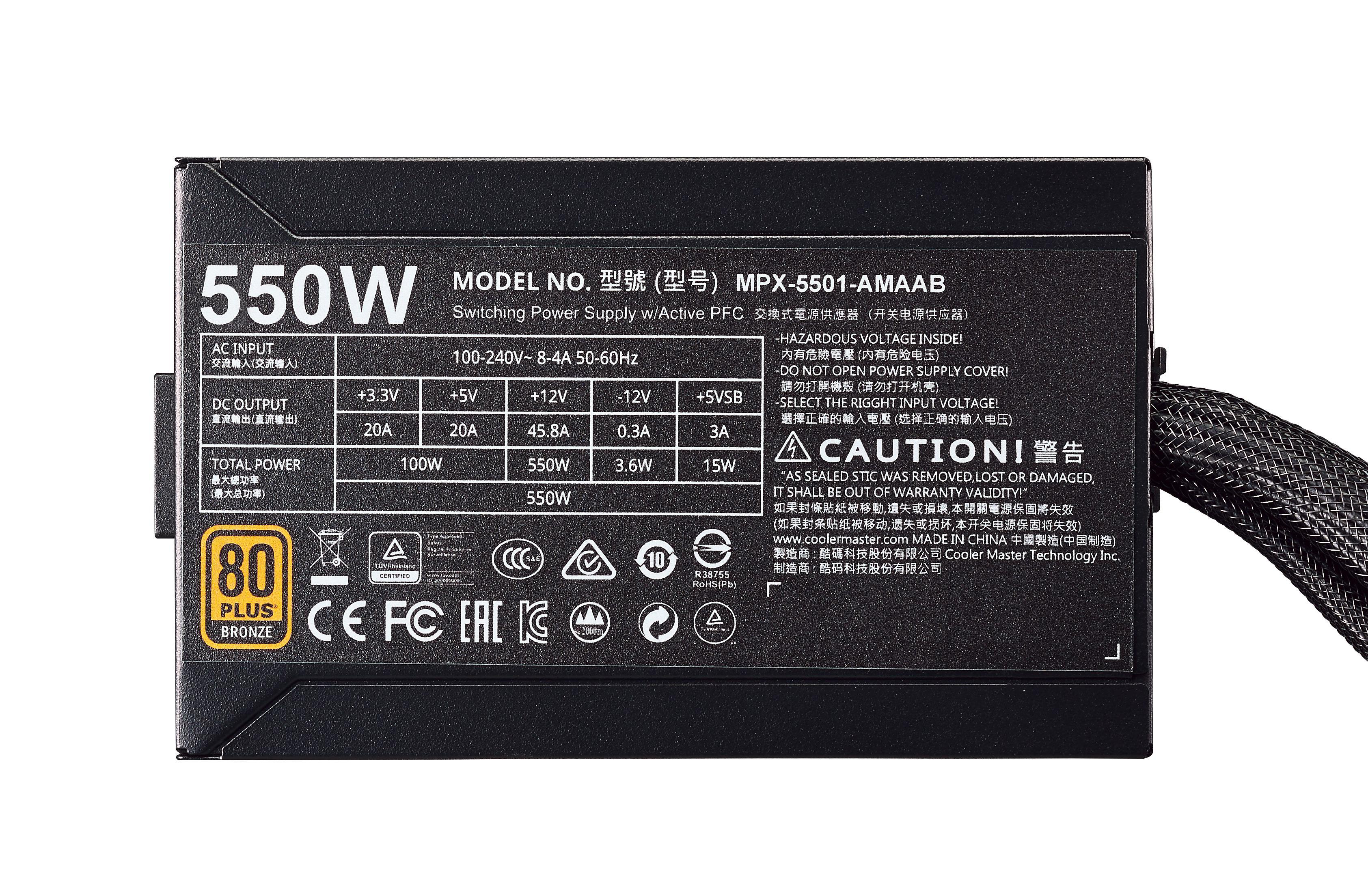 COOLER MASTER Masterwatt PC-Netzteil 550 Watt 80+ Bronze