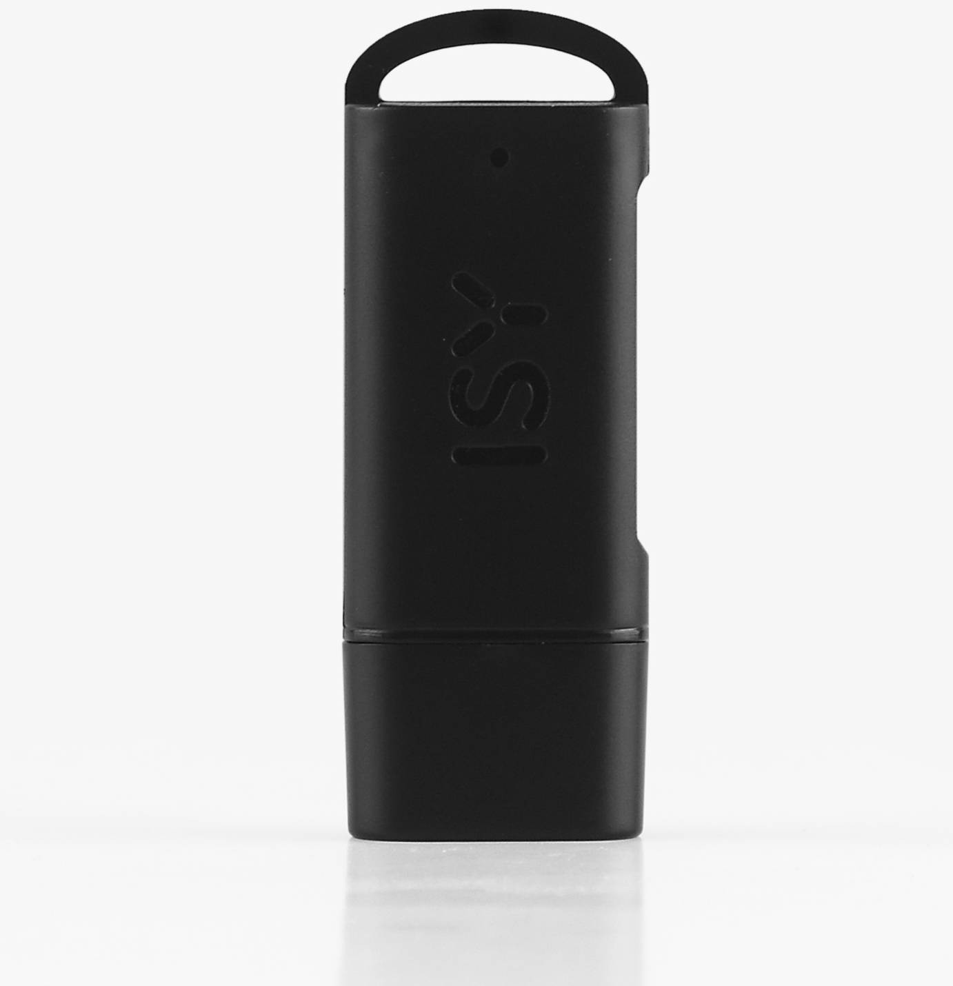 Black USB drive with the 'iSi' logo, on a white surface.