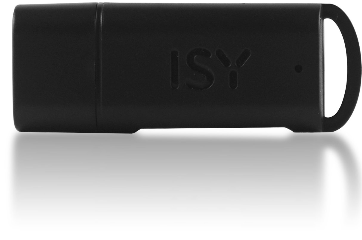 A black ISY USB flash drive, close up, with ISY logo and shadow.
