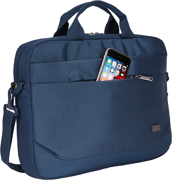 Ön cebinde telefon olan mavi Case laptop çantası. Telefon bir uygulamayı gösteriyor.