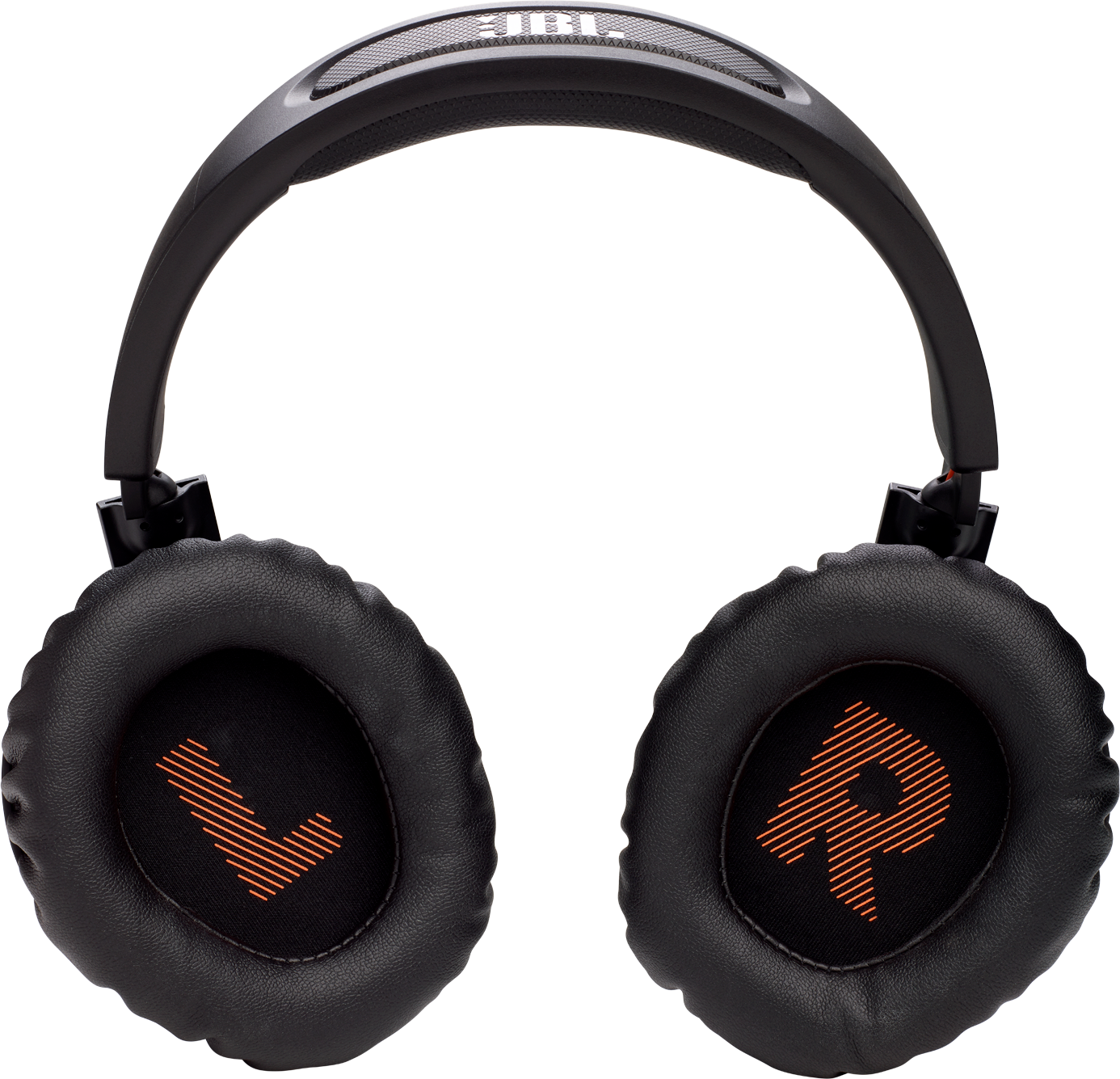 Schwarze JBL-Kopfhörer mit orangefarbenen „L“- und „R“-Markierungen auf den Ohrmuscheln vor weißem Hintergrund.